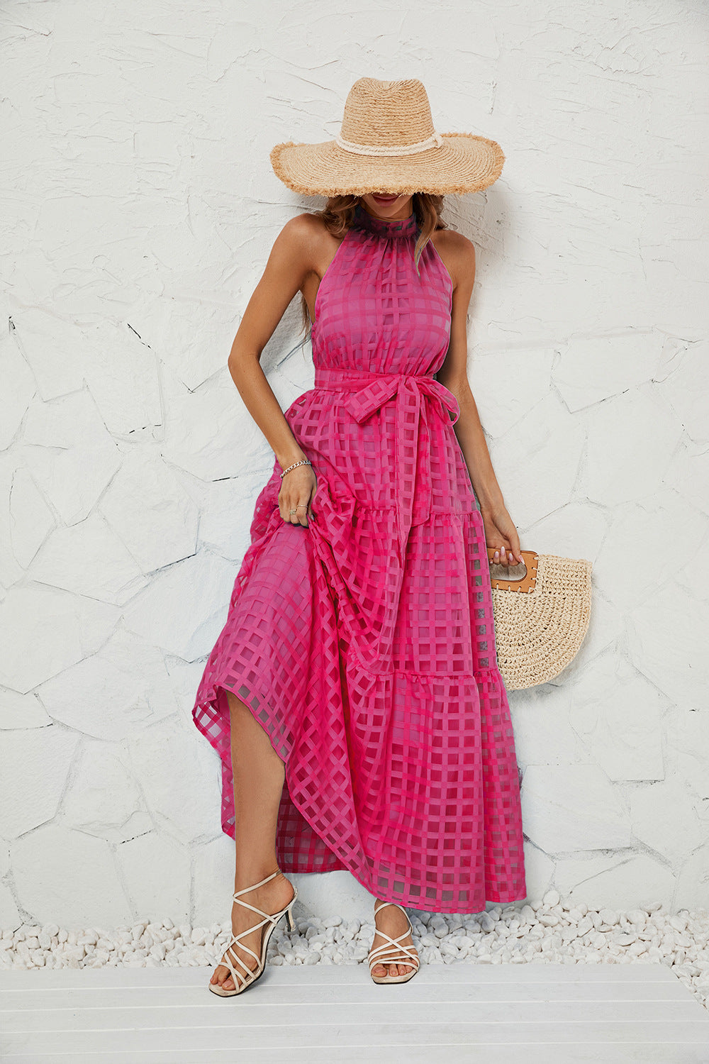 Damen Maxikleid mit elegantem Halterneck und luftigen Rüschen R&B