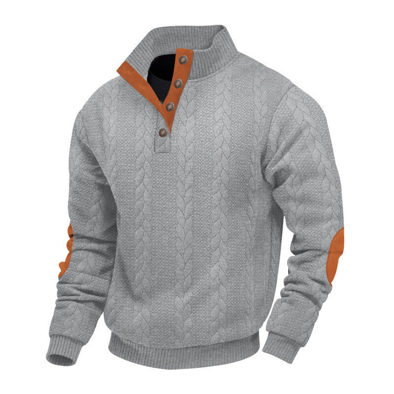 Herren nan grober Zopfstrick Troyer mit Knopfleiste und Veloursleder-Ellenbogenpatches R&B