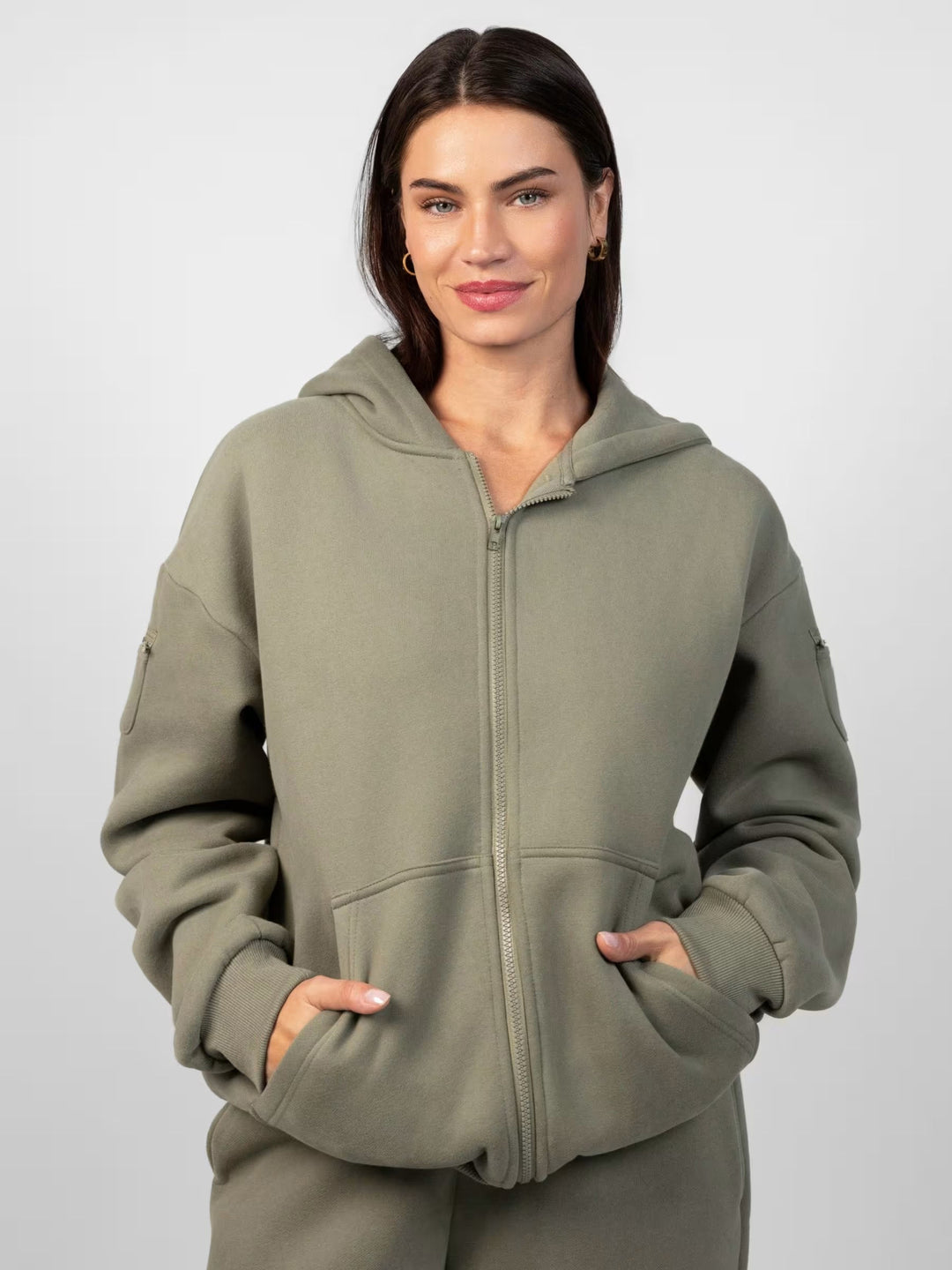 Damen sportlicher Fleece-Jogginganzug mit hochgeschlossenem Reißverschluss und elastischem Bund R&B