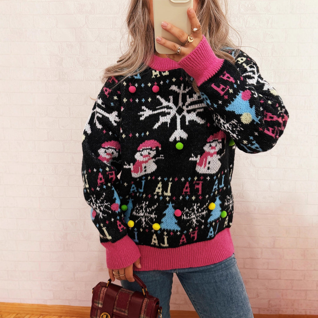 Damen festlicher Pullover mit farbenfrohen Weihnachtsmotiven und verspielten Details R&B