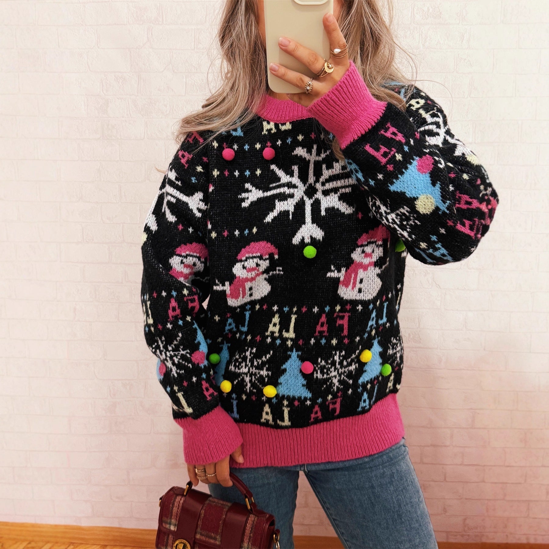 Damen festlicher Pullover mit farbenfrohen Weihnachtsmotiven und verspielten Details R&B