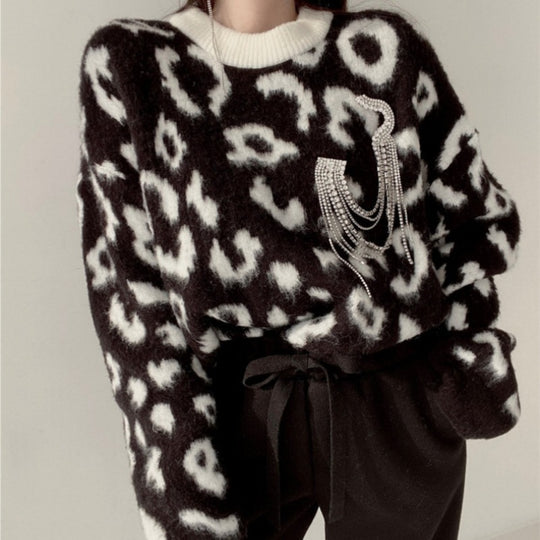 Damen Flauschiger Leopardenmuster Pullover R&B