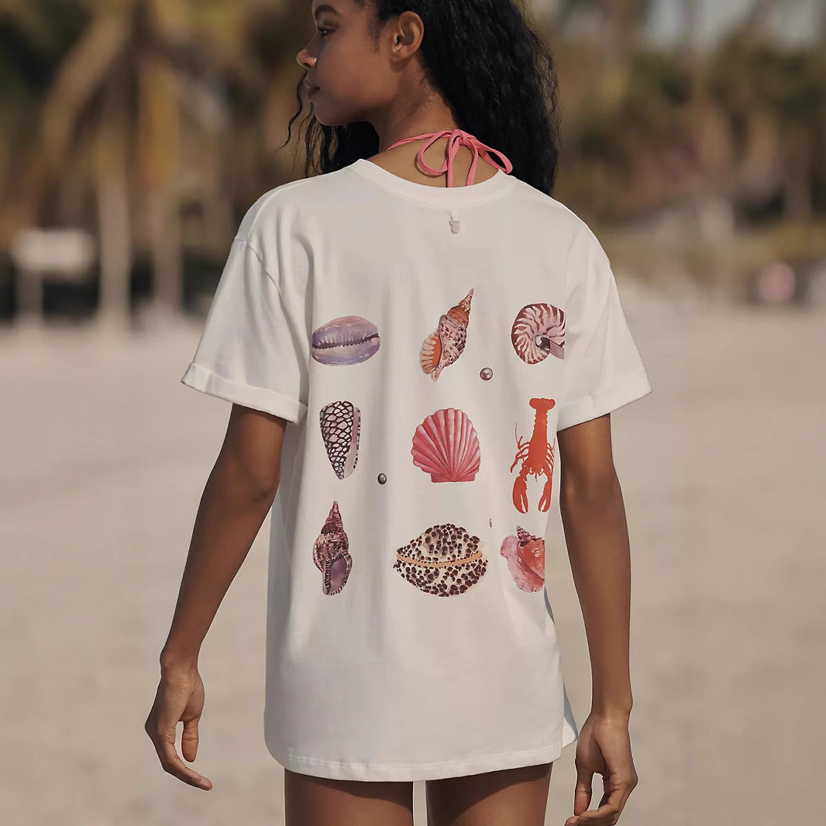 Damen lässiges T-Shirt mit maritimem Muschel-Print und lockerer Passform R&B