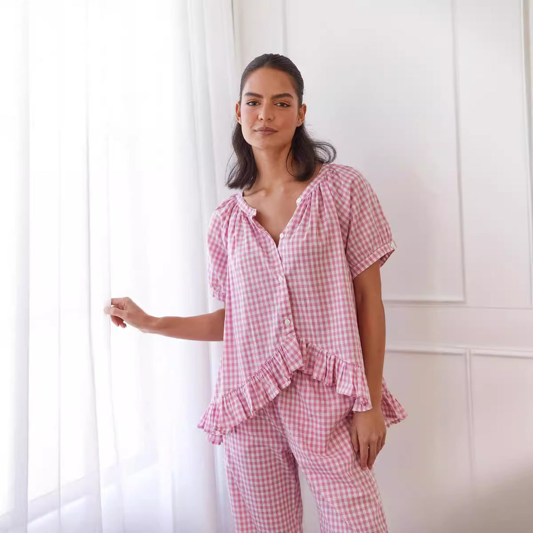 Damen Pyjama-Set mit Rüschen und Karomuster R&B