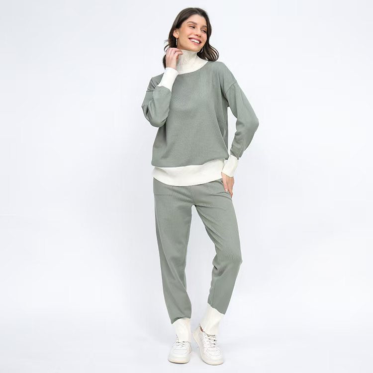 Damen komfortables Strick-Loungewear-Set mit hohem Kragen und elastischen Bündchen R&B