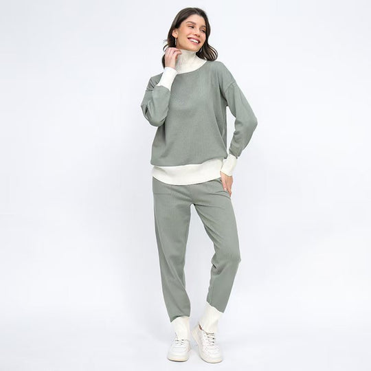 Damen komfortables Strick-Loungewear-Set mit hohem Kragen und elastischen Bündchen R&B