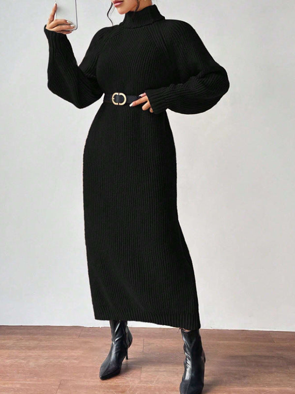 Damen Strickkleid mit hohem Kragen und weiten Ärmeln R&B