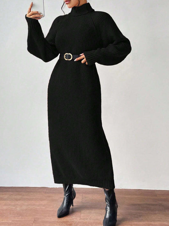 Damen Strickkleid mit hohem Kragen und weiten Ärmeln R&B