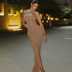Damen Elegantes Langkleid mit Choker-Ausschnitt und Raffungen R&B