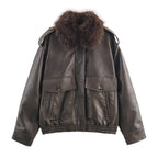 Damen Kunstlederjacke mit abnehmbarer Kunstfellkragen und praktischen Taschen R&B