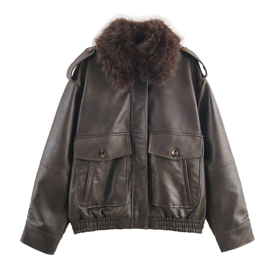 Damen Kunstlederjacke mit abnehmbarer Kunstfellkragen und praktischen Taschen R&B