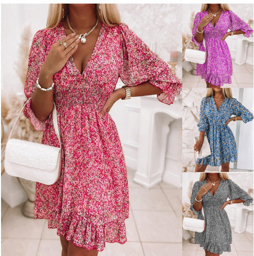 Damen Fließendes Maxikleid mit V-Ausschnitt und Rüschensaum R&B