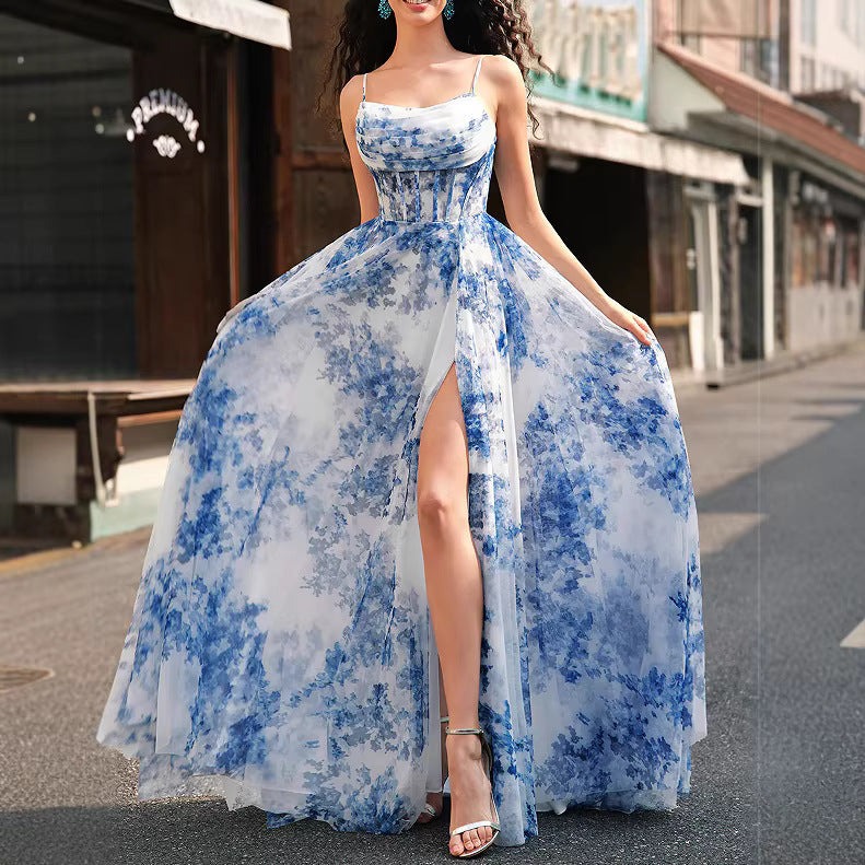 Damen Maxikleid mit schwingendem Rock und floralem Muster EB