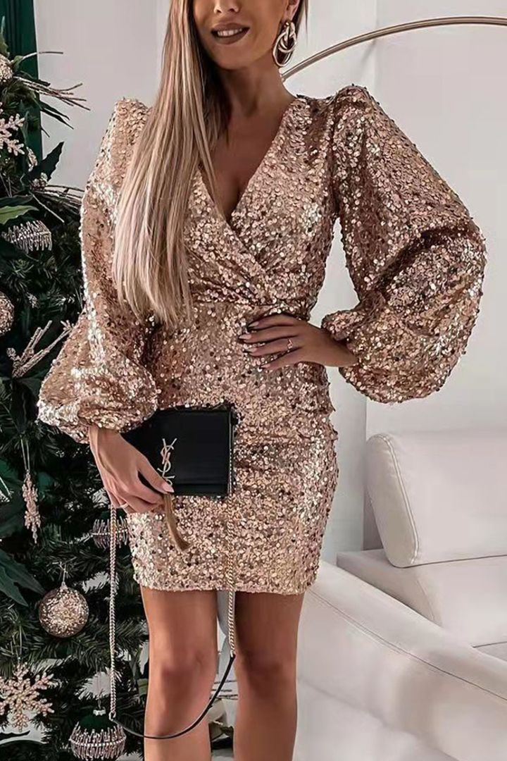 Damen Glitzerndes Minikleid mit Ballonärmel und Wickeloptik R&B