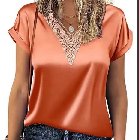 Damen Satin Bluse mit elegantem V-Ausschnitt und raffinierten Spitzenakzenten R&B