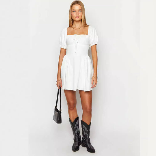 Damen sommerliches Minikleid mit Puffärmeln und tailliertem Design R&B