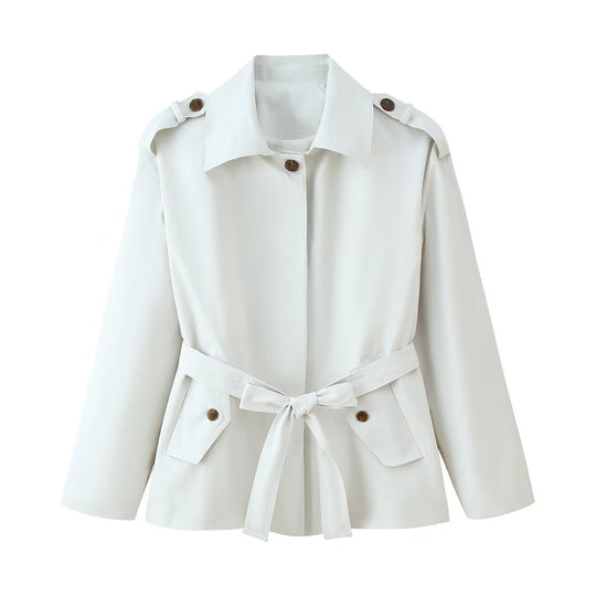 Damen modische Übergangsjacke mit Taillengürtel und funktionalen Knöpfen R&B