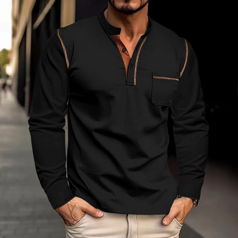 Herren Langarm-Henley-Shirt mit modernem Kragen und praktischer Brusttasche R&B