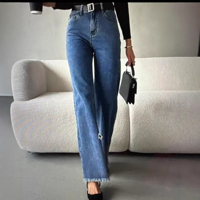 Damen Hochgeschnittene weite Jeanshose im Vintage-Style mit authentischem Used-Look R&B