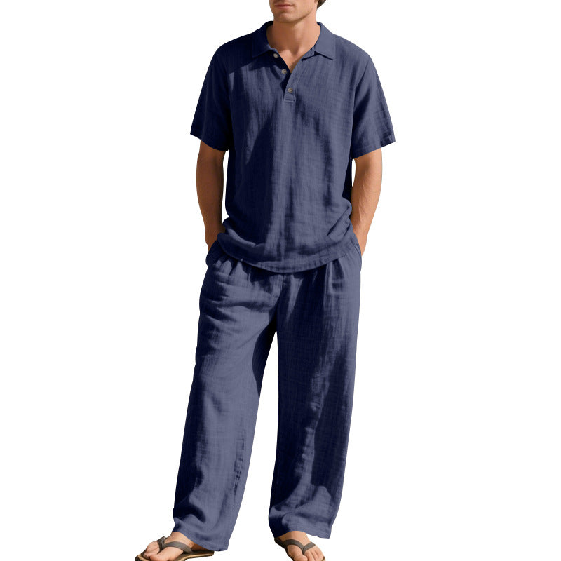 Herren nan luftiges Leinen-Ensemble mit Polokragen und regulierbarer Bundhose R&B