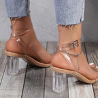 Damen elegante Sandaletten mit transparentem Riemen und glasklarem Absatz R&B