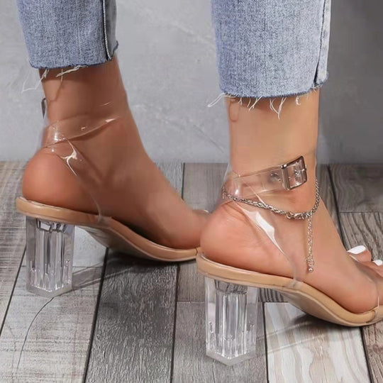 Damen elegante Sandaletten mit transparentem Riemen und glasklarem Absatz R&B