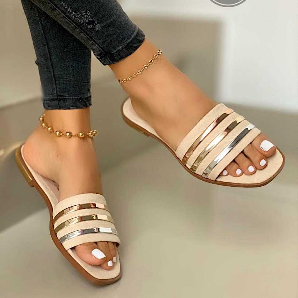 Damen Offene Sandaletten mit modischen Metallic-Riemen und komfortablem Fußbett R&B