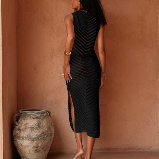 Damen Elegantes Strick-Maxikleid mit asymmetrischem Saum und seitlichem Schlitz R&B