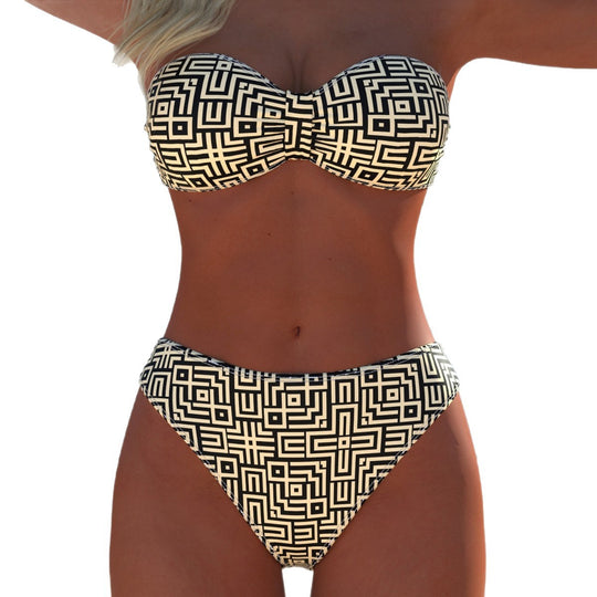 Damen Bandeau-Bikini mit modernem grafischem Muster und hohem Beinausschnitt R&B