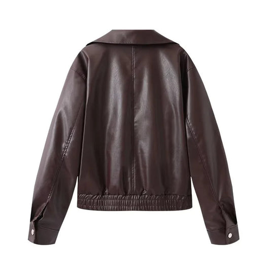 Damen modische Kunstlederjacke mit elegantem Revers und praktischen Taschen R&B