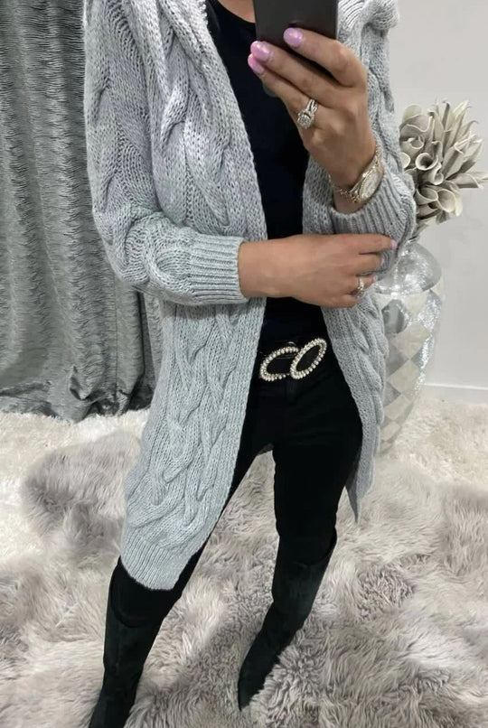 Damen Grobstrick-Cardigan mit Kapuze und Zopfmuster R&B