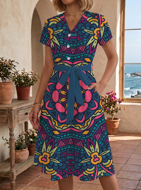 Damen Midi-Kleid mit floralem Design und bequemer Passform R&B