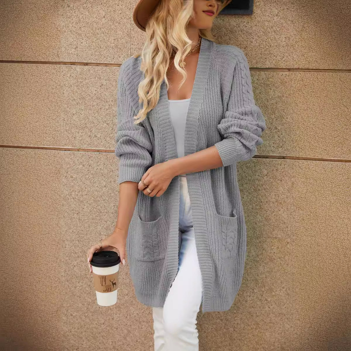 Damen Strickcardigan mit großzügigen Taschen und modernem Zopfmuster R&B