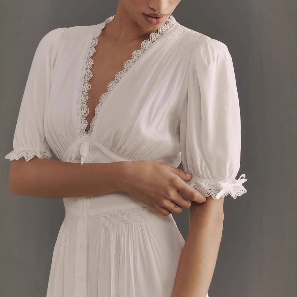 Damen elegantes Midi-Kleid mit Puffärmeln und Knopfleiste R&B