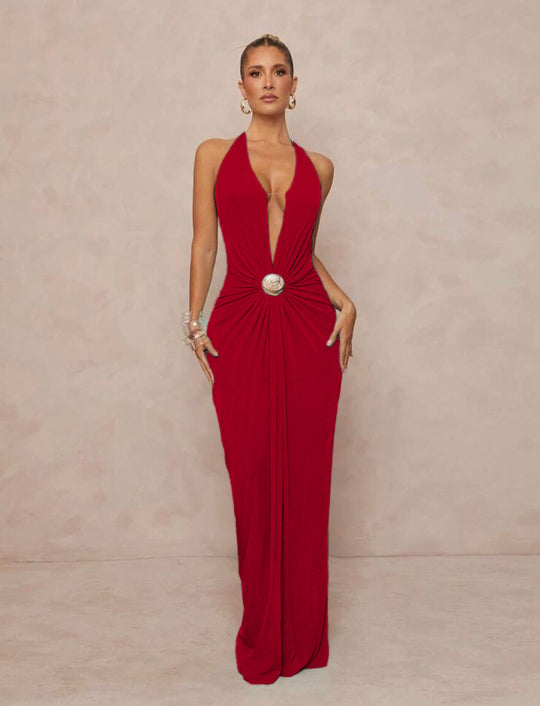 Damen Glamouröses Abendkleid mit tiefem V-Ausschnitt und eleganter Drapierung R&B