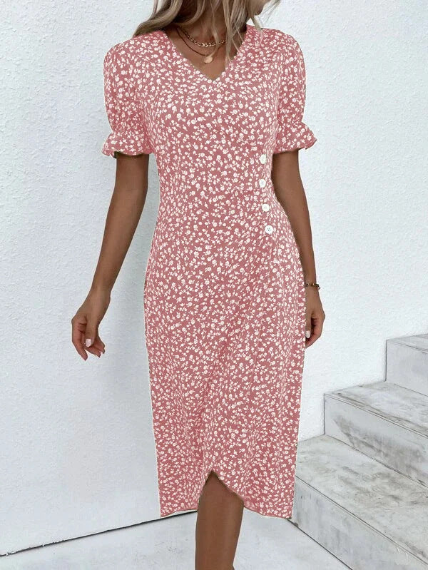 Damen Midikleid mit floralen Mustern und schmeichelndem V-Ausschnitt R&B