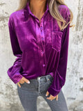 Damen Elegante Samtbluse mit klassischem Hemdkragen und langen Ärmeln R&B