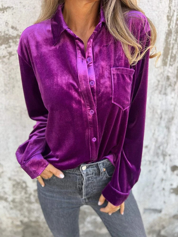 Damen Elegante Samtbluse mit klassischem Hemdkragen und langen Ärmeln R&B