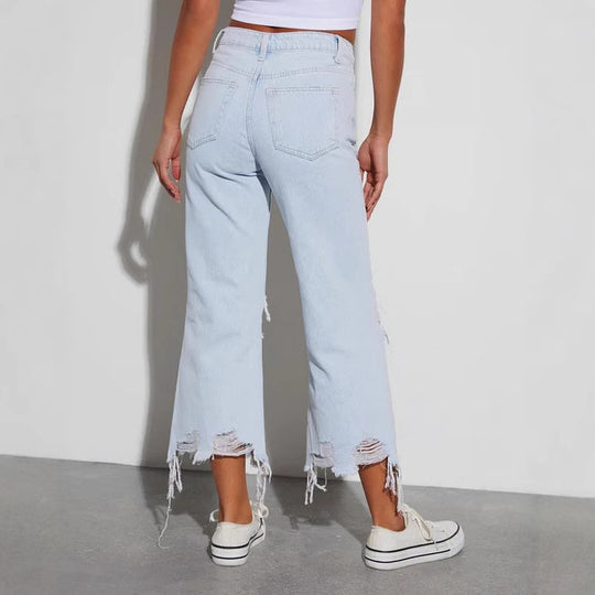 Damen Distressed Jeans mit weitem Bein und fransigem Saum R&B