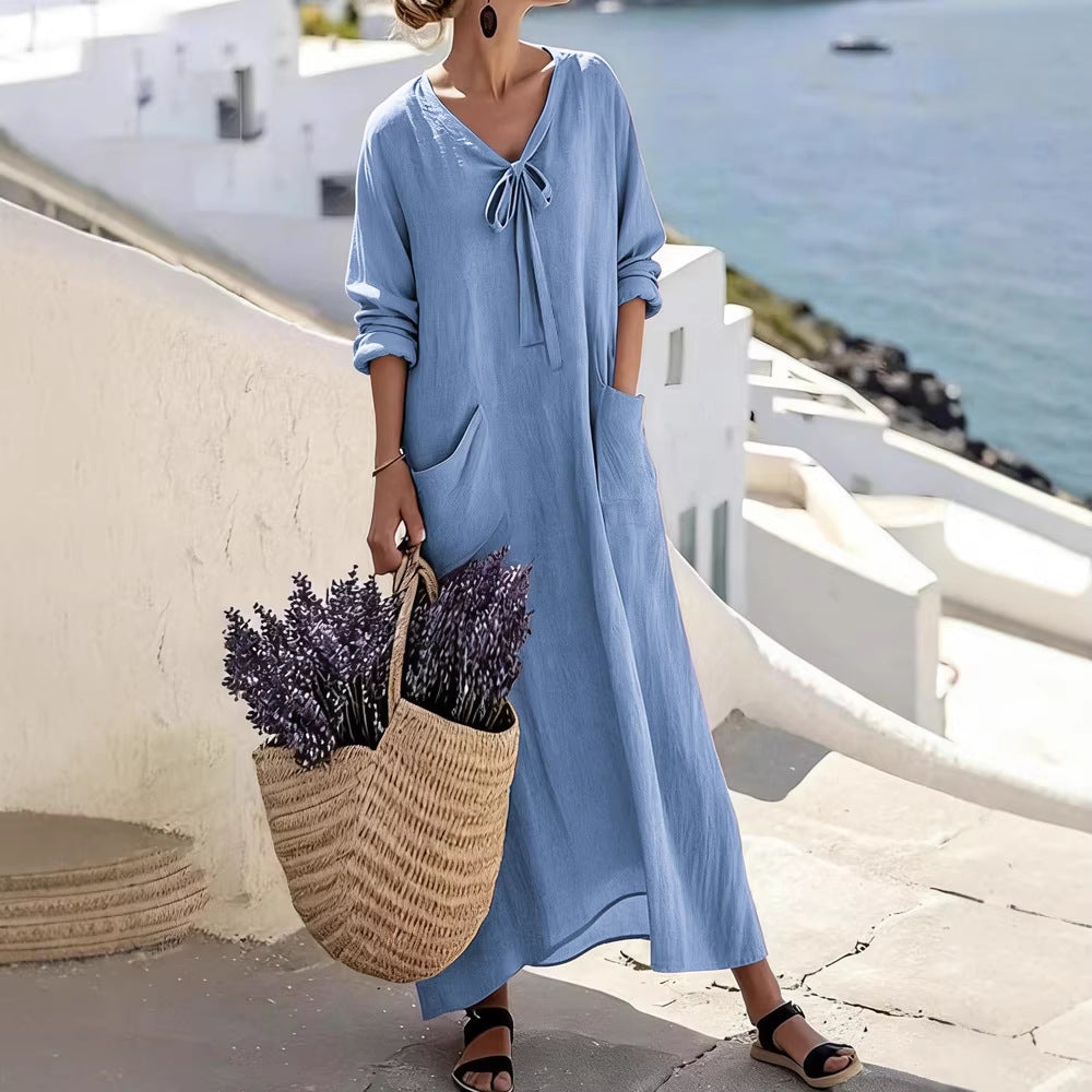 Damen Maxikleid mit seitlichen Taschen und Schleifendetails R&B