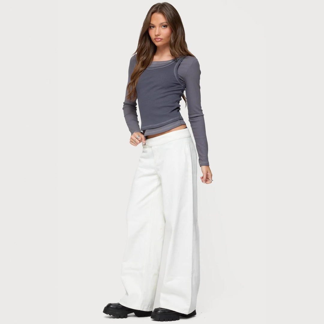 Damen Langarm-Crop-Top mit modischem Farbkontrast und nahtloser Verarbeitung R&B