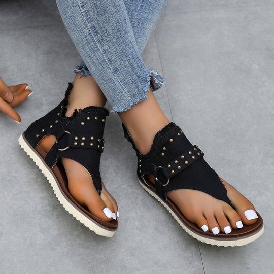 Damen Elegante und komfortable Zehentrenner-Sandalen mit modischen Nieten R&B