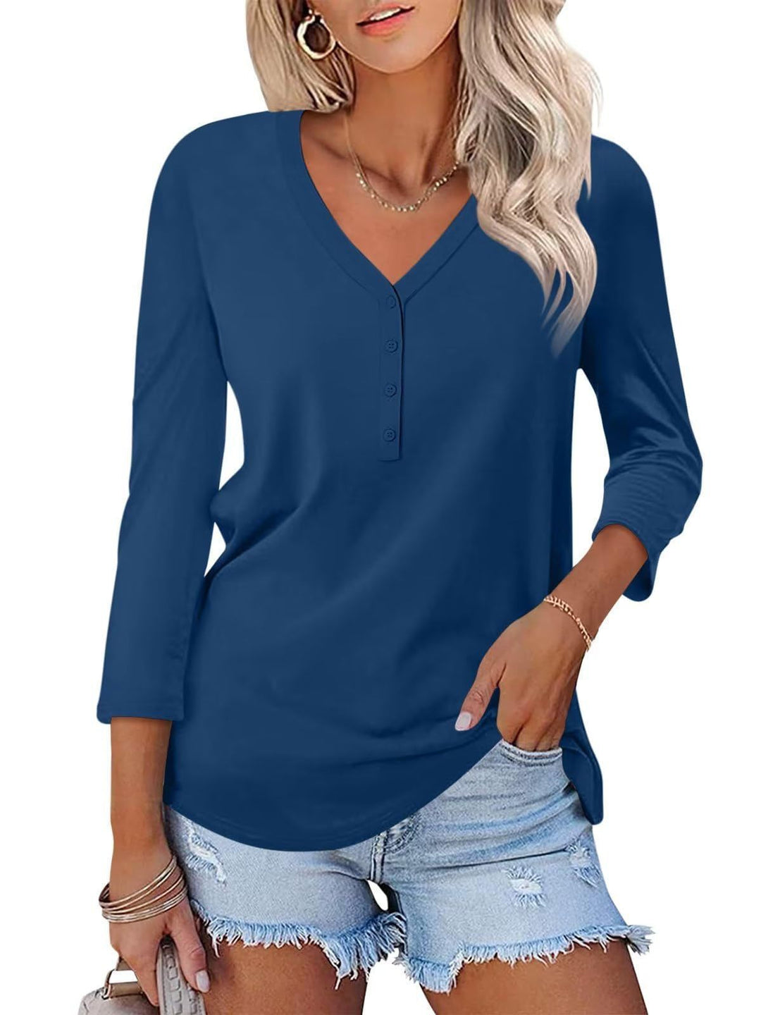 Damen Langarm T-Shirt mit Knopfleiste und V-Ausschnitt R&B