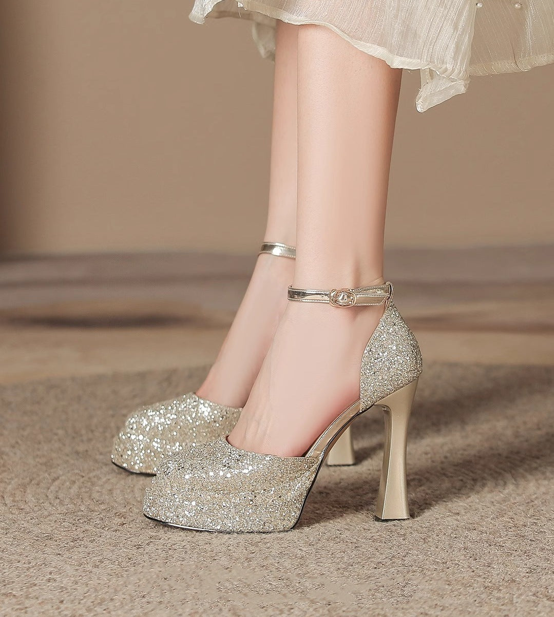 Damen Glitzernde Plateau-Pumps mit elegantem Knöchelriemen R&B
