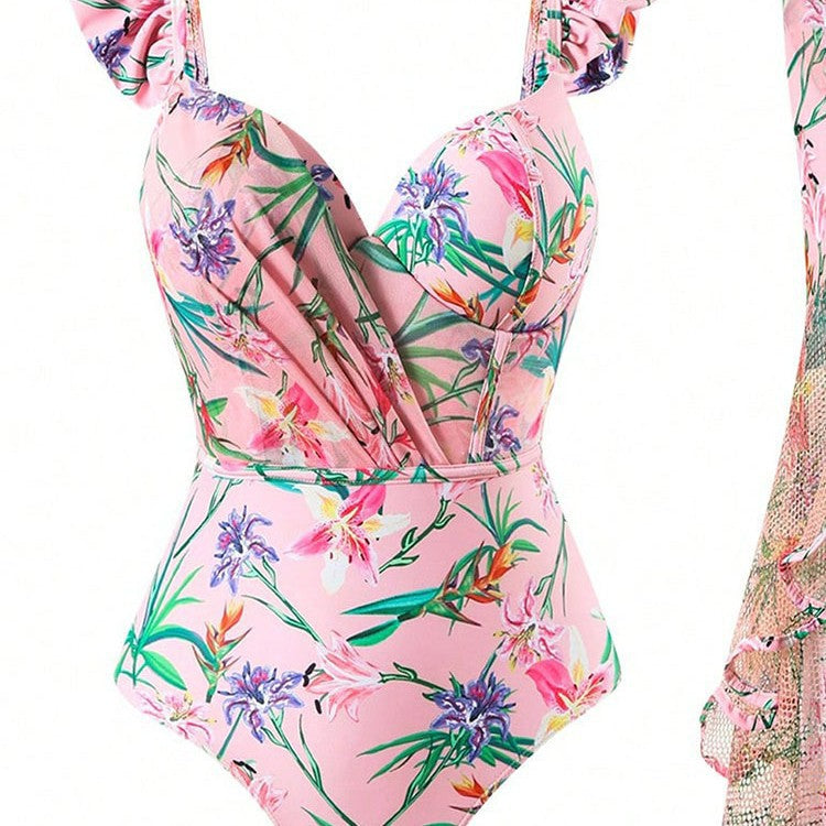 Damen Einteiler Badeanzug mit Rüschendetails und floralem Wickelrock R&B