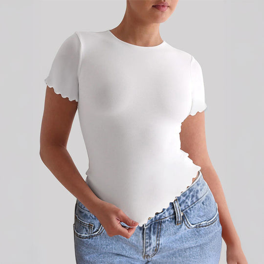 Damen Kurzarm-T-Shirt mit geschwungenen Säumen und figurbetonter Passform R&B