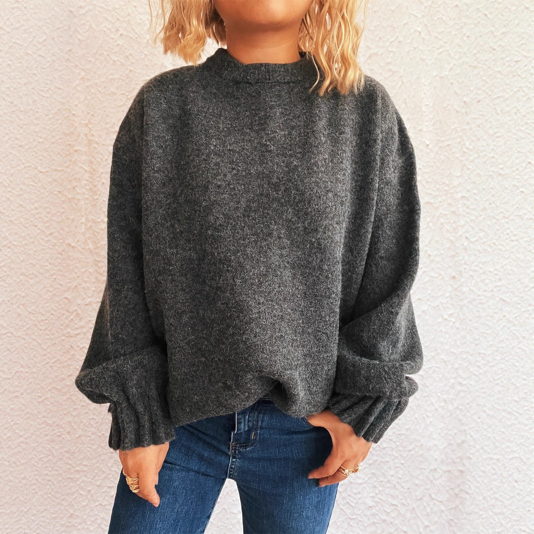 Damen lässiger Strickpullover mit weitem Rundhalsausschnitt und fluffiger Textur R&B