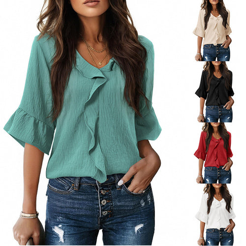 Damen Luftiges Blusenshirt mit Rüschendetails und V-Ausschnitt R&B