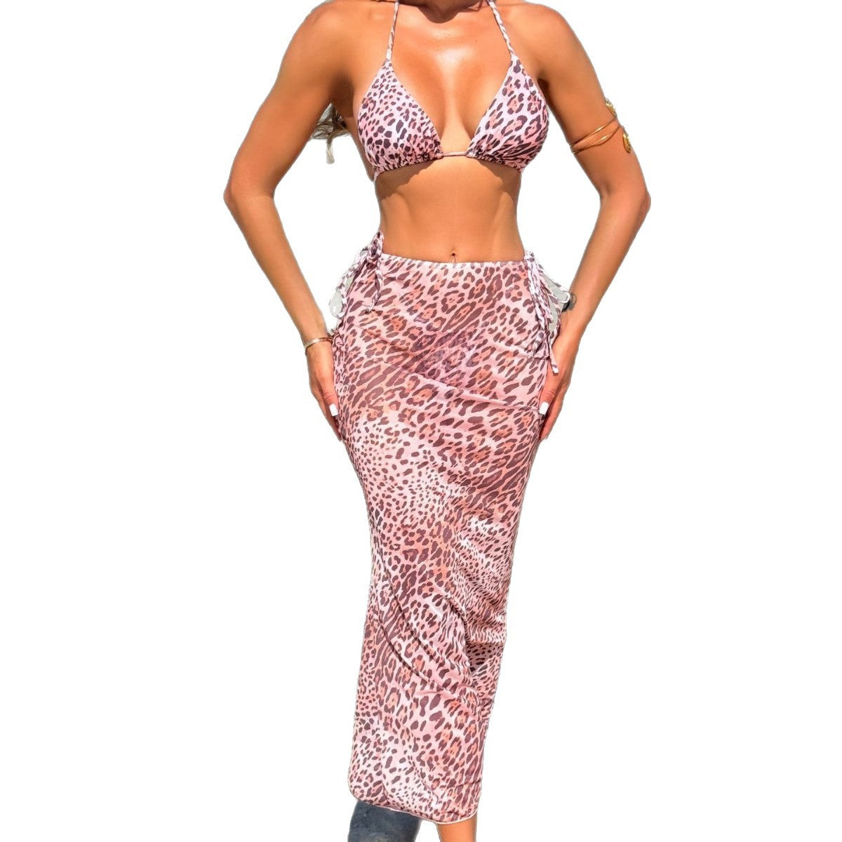 Damen Triangel-Bikini-Set mit transparentem Wickelrock und animalischem Print R&B