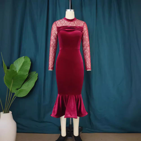 Damen Elegant Fit-and-Flare Kleid mit Spitzenärmeln R&B